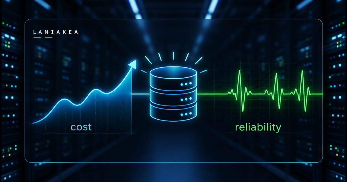 Glowing database icon connecting a rising cost trend to a reliability heartbeat in a data center
