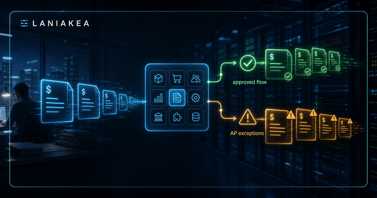 Digital invoice stream routed through an ERP workflow hub into approved flow and AP exception queues